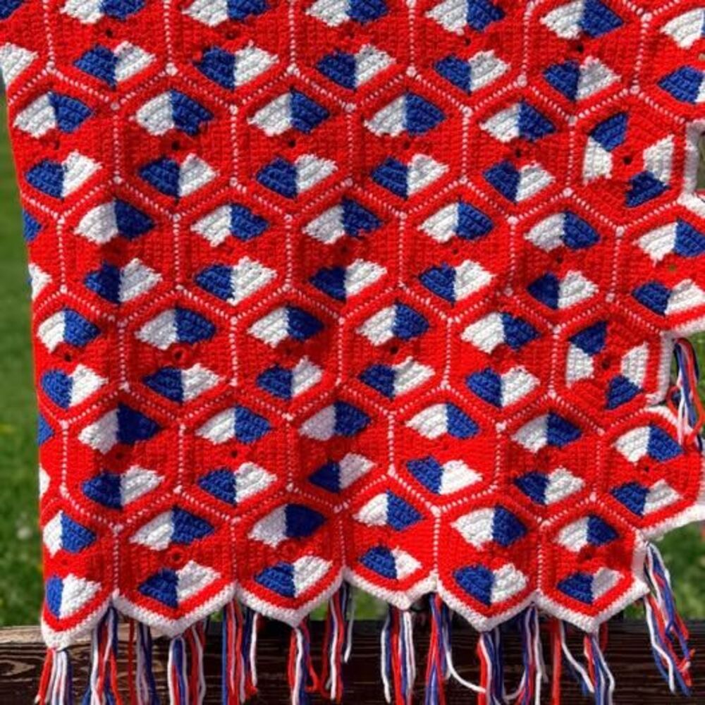 Handmade Vintage Granny Square Crochet Afghan Patriotic Hexagonal Pattern 49x54”